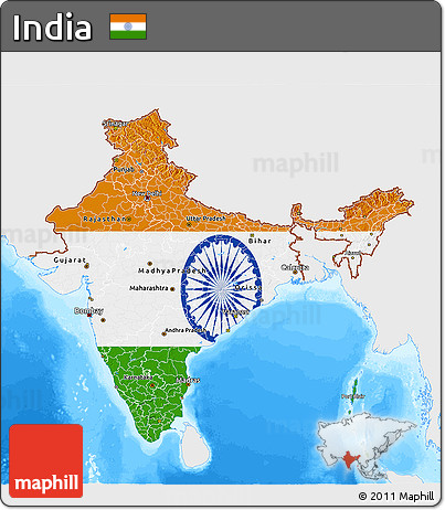 Flag 3D Map of India, single color outside, bathymetry sea