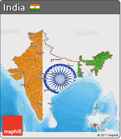 Flag 3D Map of India, single color outside, bathymetry sea, shaded relief sea, flag aligned to the middle