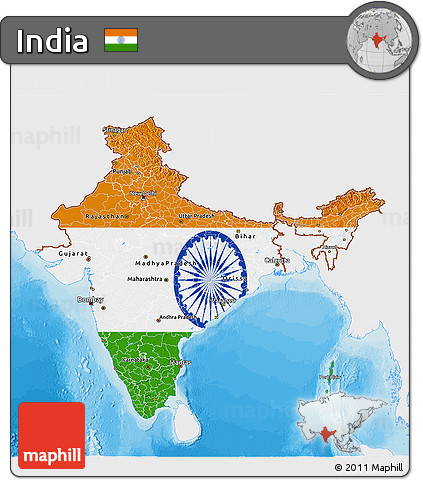 Flag 3D Map of India, single color outside, bathymetry sea, shaded relief sea