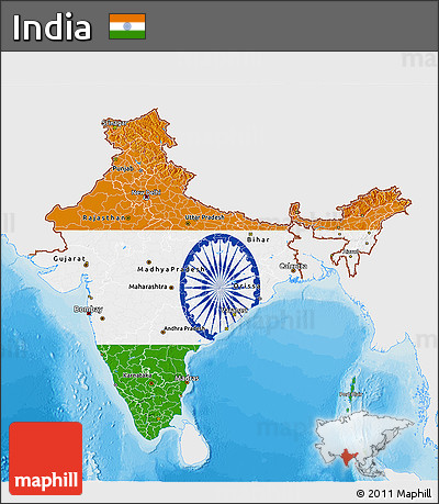 Flag 3D Map of India, single color outside, bathymetry sea, shaded relief sea