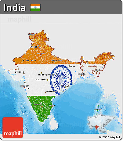 Flag 3D Map of India, single color outside, bathymetry sea, shaded relief sea