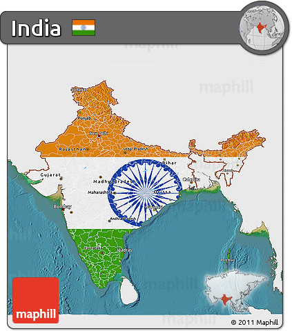 Flag 3D Map of India, single color outside, satellite sea, flag centered