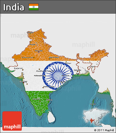 Flag 3D Map of India, single color outside, satellite sea, flag centered