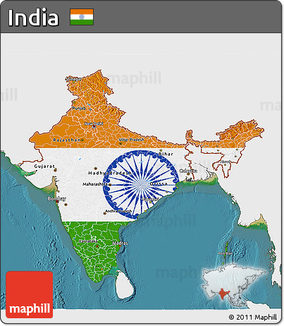 Flag 3D Map of India, single color outside, satellite sea, flag centered
