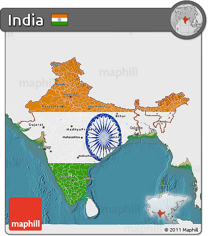 Flag 3D Map of India, single color outside, satellite sea