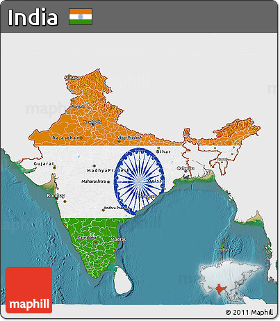 Flag 3D Map of India, single color outside, satellite sea