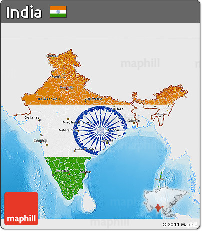 Flag 3D Map of India, single color outside, shaded relief sea, flag centered