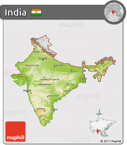 Physical 3D Map of India, cropped outside