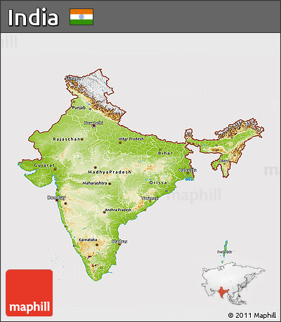 Physical 3D Map of India, cropped outside