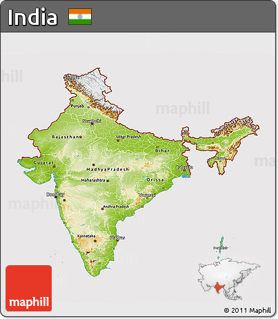 Physical 3D Map of India, cropped outside