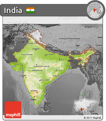 Physical 3D Map of India, darken, desaturated