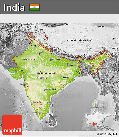 Physical 3D Map of India, desaturated