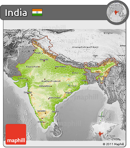 Physical 3D Map of India, desaturated