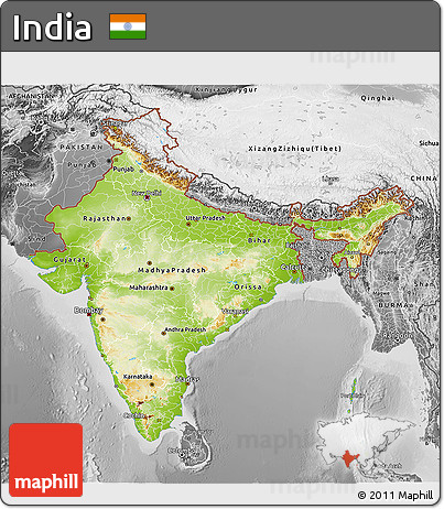 Physical 3D Map of India, desaturated