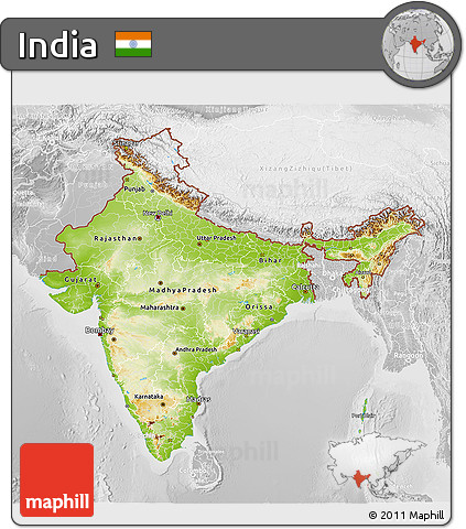 Physical 3D Map of India, lighten, desaturated