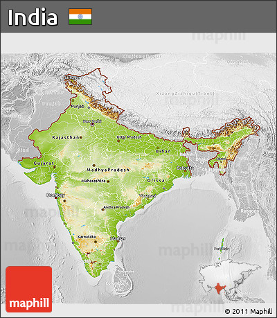 Physical 3D Map of India, lighten, desaturated