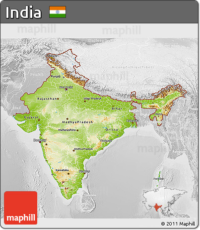 Physical 3D Map of India, lighten, desaturated