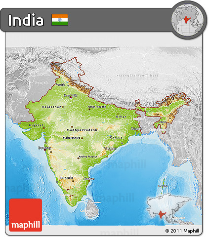 Physical 3D Map of India, lighten, desaturated, land only