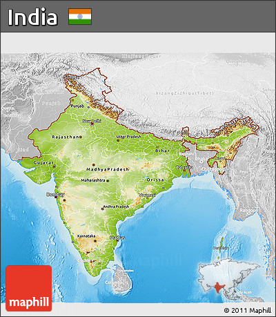 Physical 3D Map of India, lighten, desaturated, land only