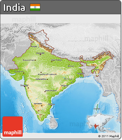 Physical 3D Map of India, lighten, desaturated, land only