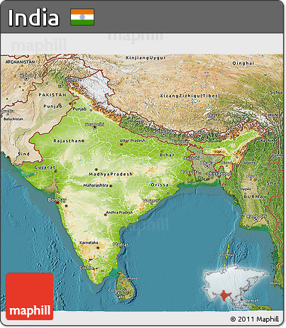 Physical 3D Map of India, satellite outside