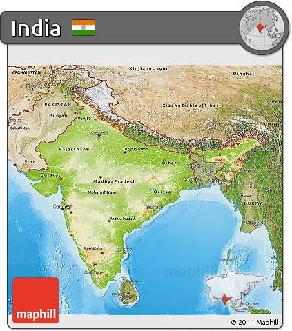Physical 3D Map of India, satellite outside, shaded relief sea