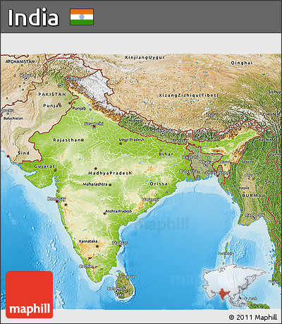 Physical 3D Map of India, satellite outside, shaded relief sea