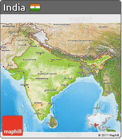 Physical 3D Map of India, satellite outside, shaded relief sea