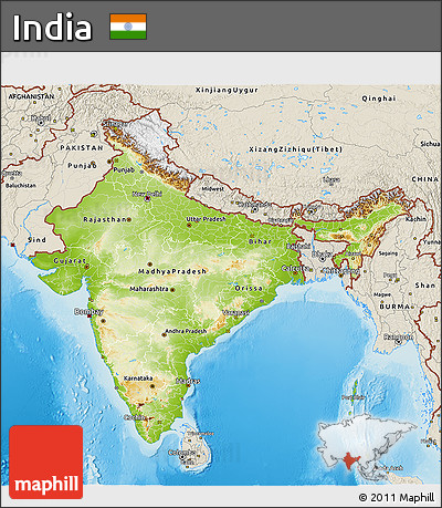 Physical 3D Map of India, shaded relief outside