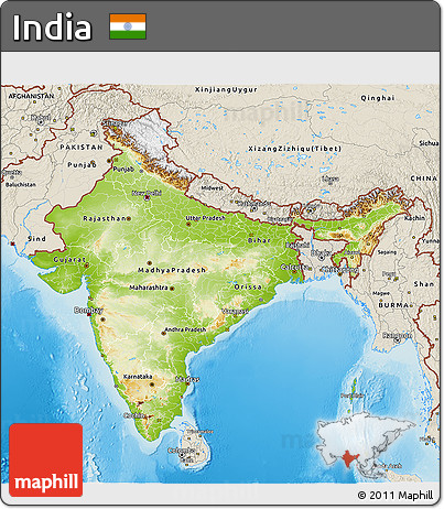 Physical 3D Map of India, shaded relief outside