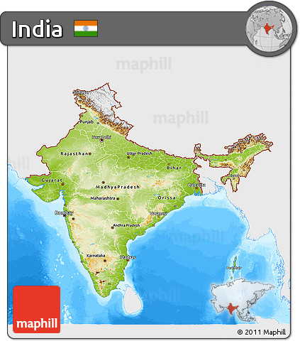 Physical 3D Map of India, single color outside, bathymetry sea