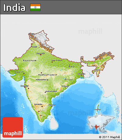 Physical 3D Map of India, single color outside, bathymetry sea