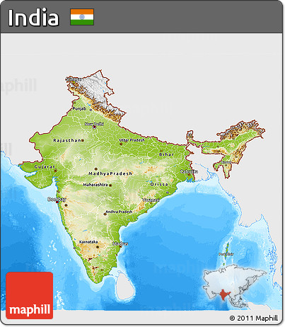 Physical 3D Map of India, single color outside, bathymetry sea