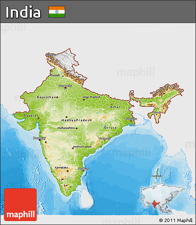 Physical 3D Map of India, single color outside, bathymetry sea, shaded relief sea