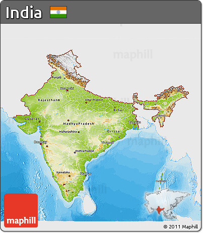 Physical 3D Map of India, single color outside, bathymetry sea, shaded relief sea