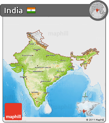 Physical 3D Map of India, single color outside