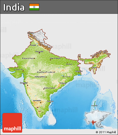 Physical 3D Map of India, single color outside
