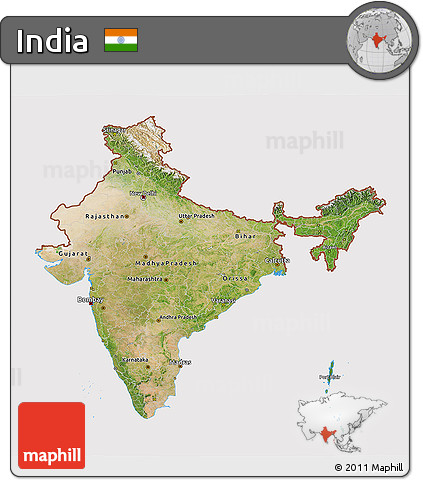 Satellite 3D Map of India, cropped outside