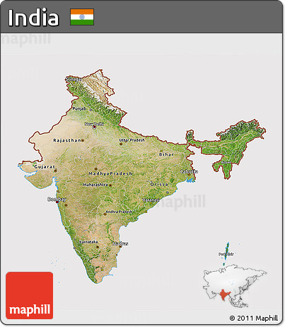 Satellite 3D Map of India, cropped outside