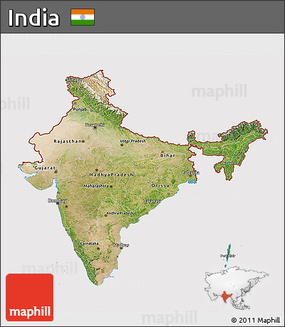 Satellite 3D Map of India, cropped outside