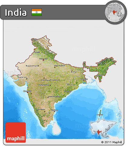 Satellite 3D Map of India, single color outside, bathymetry sea