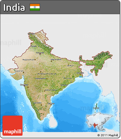 Satellite 3D Map of India, single color outside, bathymetry sea