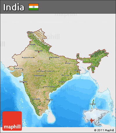 Satellite 3D Map of India, single color outside, bathymetry sea