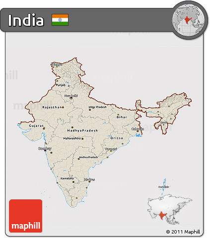 Shaded Relief 3D Map of India, cropped outside