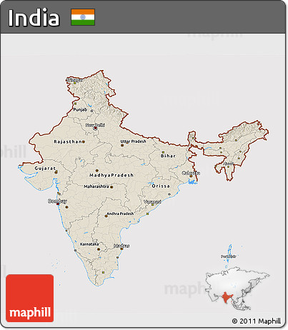 Shaded Relief 3D Map of India, cropped outside