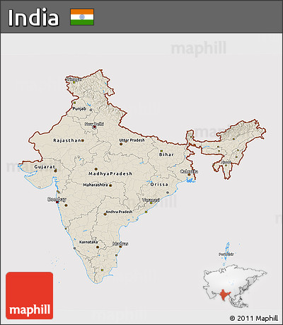 Shaded Relief 3D Map of India, cropped outside