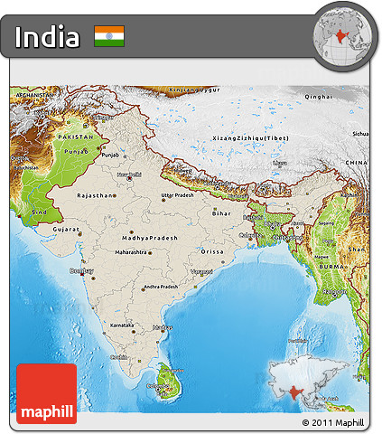 Shaded Relief 3D Map of India, physical outside