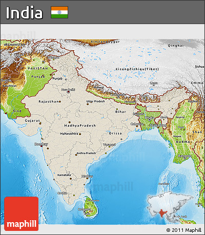 Shaded Relief 3D Map of India, physical outside