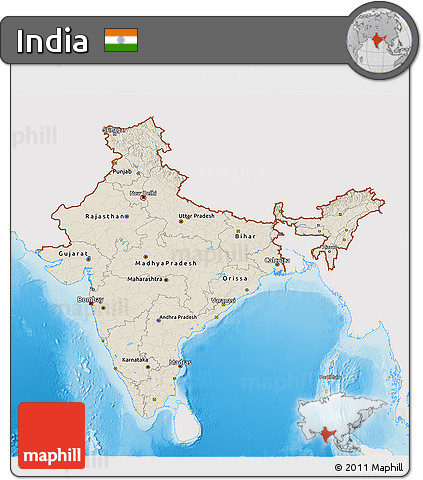 Shaded Relief 3D Map of India, single color outside