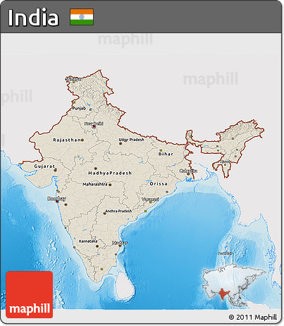 Shaded Relief 3D Map of India, single color outside